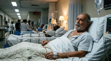 Idoso recebendo atendimento de saúde relacionado à gripe